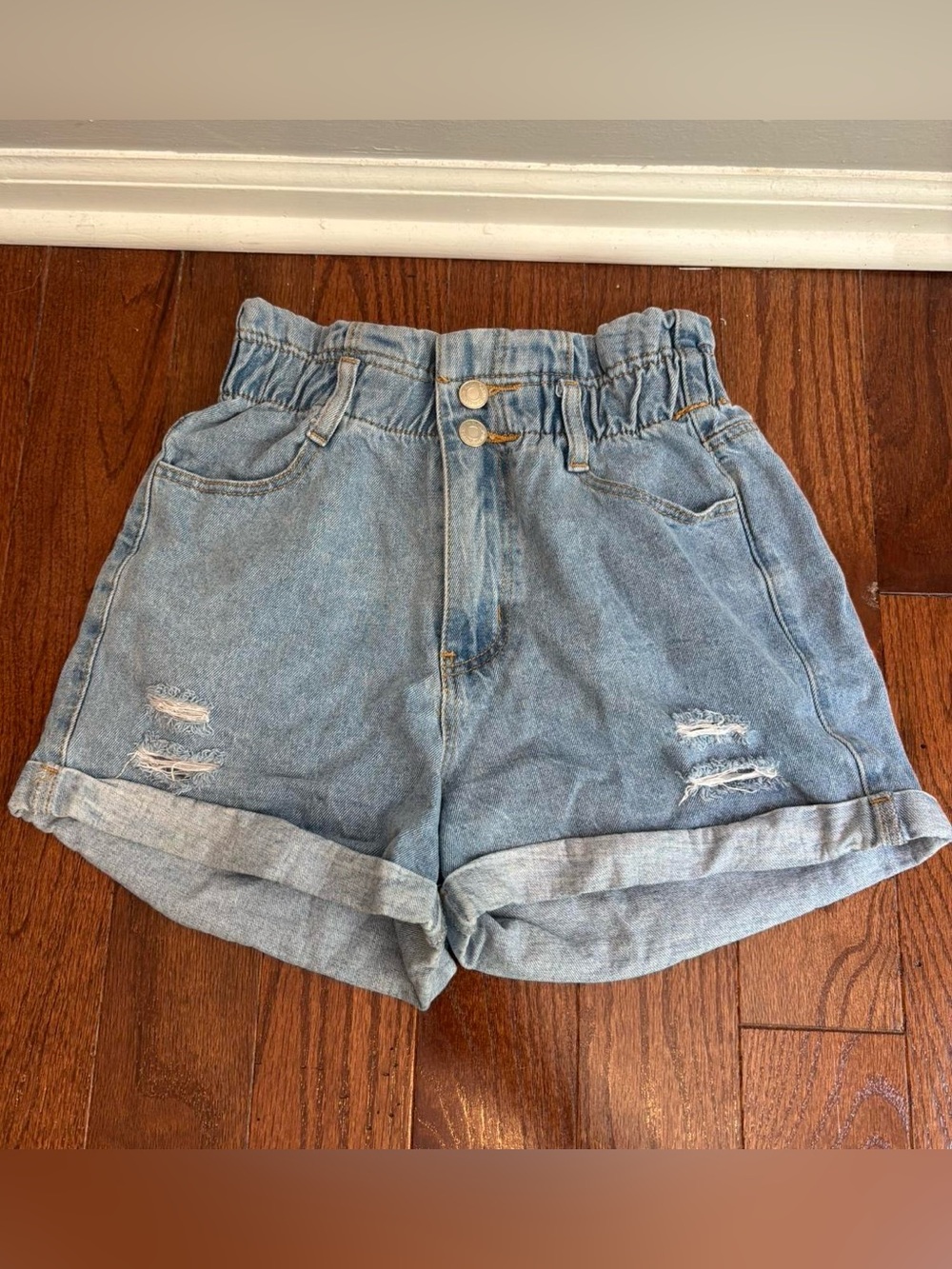 High-Waist Light Blue Denim Paperbag Shorts